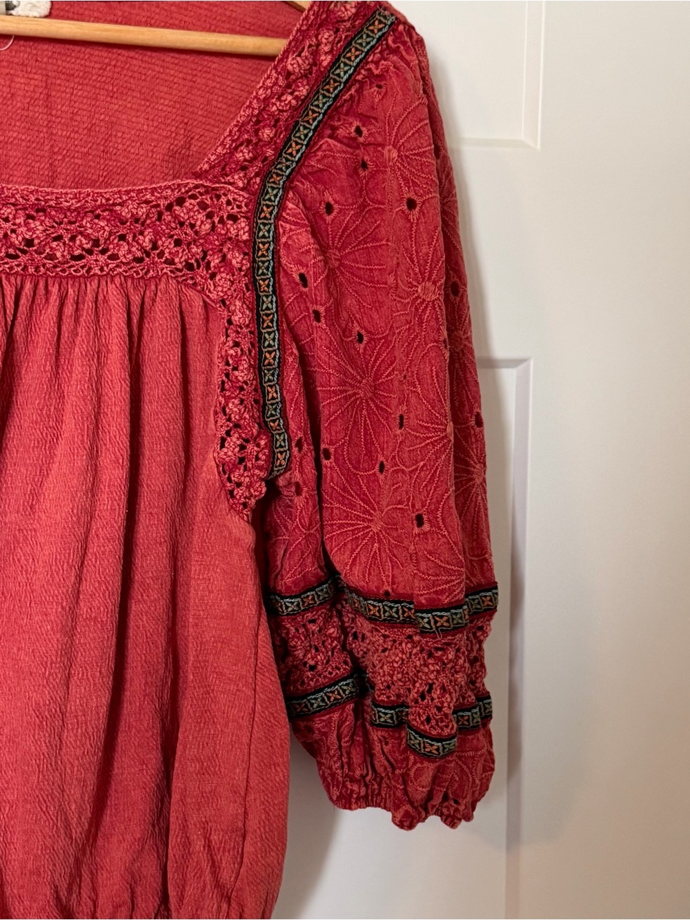 Gimmicks Women’s Pink Red Boho Peasant Top Square Neck 3/4 Sleeve Small - Picture 5 of 9